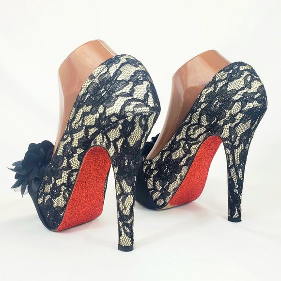 Mojo Moxy Black Floral Lace Platform Stiletto Glitter Heels Size 9 SH1346 - Picture 5 of 8